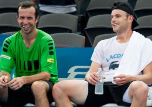Radek Stepanek and Andy Roddick share a joke during a practice session at Pat Rafter Arena. Credit: TENNIS AUSTRALIA