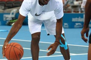 Gael Monfils of France dribbling the basketball