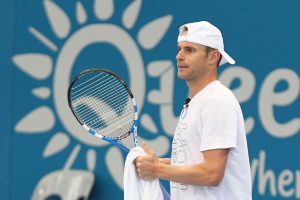 Andy Roddick towels off during the exhibition match at Pat Rafter Arena. SMP IMAGES