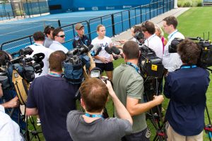 Media swarm over Jelena Dokic during her press conference. Tennis Australia.