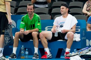 Radek Stepanek and Andy Roddick share a joke during a break. SMP IMAGES