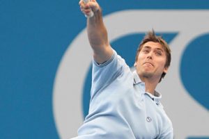 Brisbane Lion Simon Black sends down a serve. SMP IMAGES