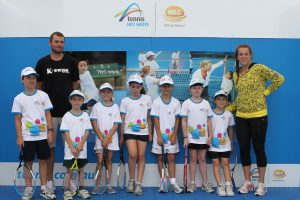 Mardy Fish and Anastasia Pavlyuchenkova pose with young MLC hot shots.