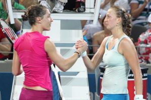 The end of game shake - Petkovik and Kvitova congratulate each other on a great game.