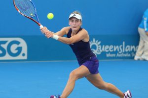 Russian Ksenia Pervak strides to the ball and victory over Alexandra Panova.