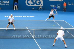 Robert Lindstedt (Sweden) serves the ball.
