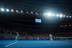 Sam Stosur serves under lights at Pat Rafter Arena. SMP IMAGES