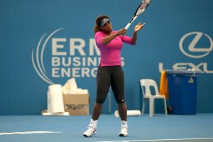 Serena Williams has her first hit on Pat Rafter Arena ahead of the 2013 Brisbane International. TENNIS AUSTRALIA.