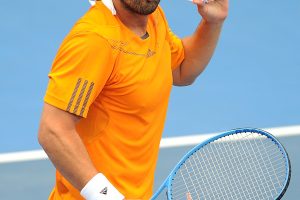BRISBANE, AUSTRALIA - JANUARY 04:  Marcos Baghdatis of Cyrpus reacts after winning his match against Gilles Simon of France on day six of the Brisbane International at Pat Rafter Arena on January 4, 2013 in Brisbane, Australia.  (Photo by Matt Roberts/Getty Images)