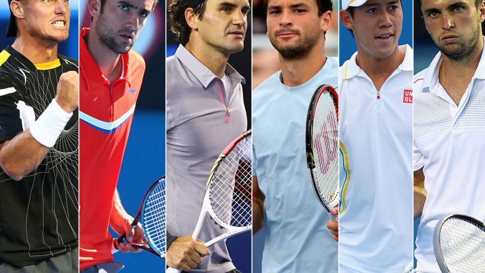 Lleyton Hewitt, Marin Cilic, Roger Federer, Grigor Dimitrov, Kei Nishikori and Gilles Simon. GETTY IMAGES