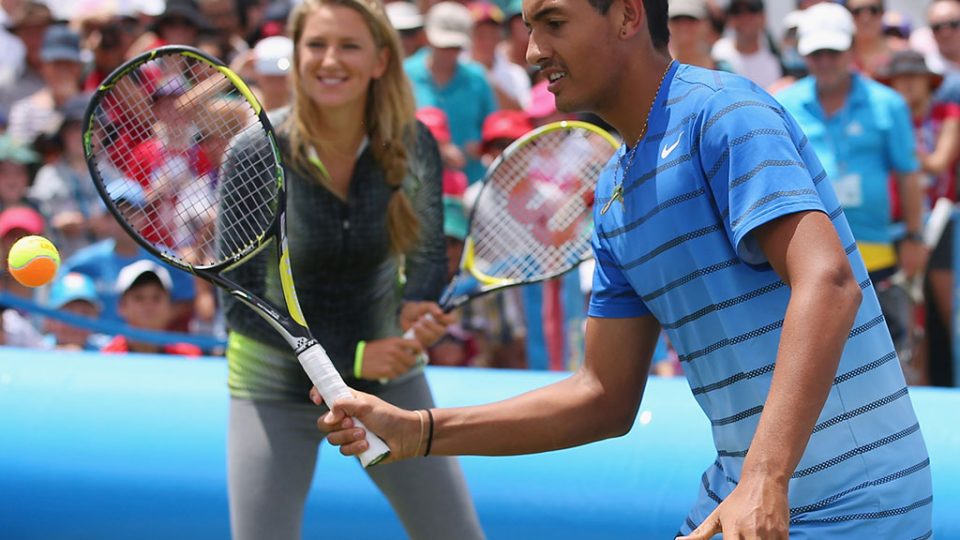 Suncorp Sunwise Kids Day, Nick Kyrgios and Victoria Azarenka, Brisbane International, 2014. GETTY IMAGES