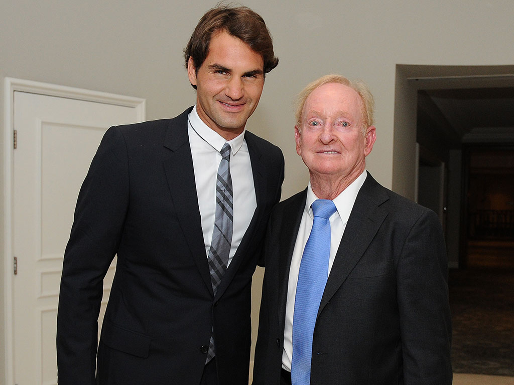 Roger Federer and Rod Laver, Brisbane, 2013. MATT ROBERTS
