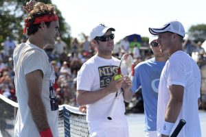 Severin LutRoger Federer, Severin Luthi and Lleyton Hewitt, Brisbane International, 2014. GETTY IMAGES