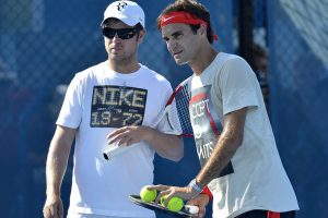 Severin Luthi (left) and Roger Federer, Brisbane International, 2014. GETTY IMAGES