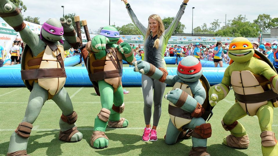 Suncorp Sunwise Kids Day, Victoria Azarenka and the Teenage Mutant Ninja Turtles, Brisbane International, 2014. MATT ROBERTS
