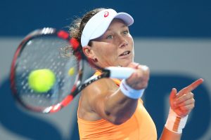 BRISBANE, AUSTRALIA - JANUARY 04:  Samantha Stosur of Australia plays a forehand in her match against Varvara Lepchenko of the USA during day one of the 2015 Brisbane International at Pat Rafter Arena on January 4, 2015 in Brisbane, Australia.  (Photo by Chris Hyde/Getty Images)