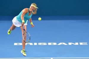 BRISBANE, AUSTRALIA - JANUARY 05: Victoria Azarenka of Belarus serves in her match against Karolina Pliskova of the Czech Republic during day two of the 2015 Brisbane International at Pat Rafter Arena on January 5, 2015 in Brisbane, Australia.  (Photo by Bradley Kanaris/Getty Images)