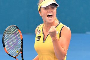 BRISBANE, AUSTRALIA - JANUARY 08: Elina Svitolina of Ukraine celebrates winning a break point in her match against Angelique Kerber of Germany during day five of the 2015 Brisbane International at Pat Rafter Arena on January 8, 2015 in Brisbane, Australia.  (Photo by Bradley Kanaris/Getty Images)
