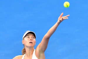 BRISBANE, AUSTRALIA - JANUARY 08:  Maria Sharapova of Russia serves in her match against Carla Suarez Navarro of Spain during day five of the 2015 Brisbane International at Pat Rafter Arena on January 8, 2015 in Brisbane, Australia.  (Photo by Bradley Kanaris/Getty Images)