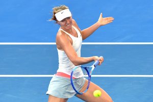 BRISBANE, AUSTRALIA - JANUARY 08:  Maria Sharapova of Russia plays a forehand in her match against Carla Suarez Navarro of Spain during day five of the 2015 Brisbane International at Pat Rafter Arena on January 8, 2015 in Brisbane, Australia.  (Photo by Bradley Kanaris/Getty Images)