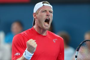 BRISBANE, AUSTRALIA - JANUARY 08:  Sam Groth of Australia celebrates winning a point in his match against Lukasz Kubot of Poland during day five of the 2015 Brisbane International at Pat Rafter Arena on January 8, 2015 in Brisbane, Australia.  (Photo by Chris Hyde/Getty Images)