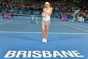 BRISBANE, AUSTRALIA - JANUARY 10:  Maria Sharapova of Russia holds up the winners trophy after the Women's finals match against Ana Ivanovic of Serbia during day seven of the 2015 Brisbane International at Pat Rafter Arena on January 10, 2015 in Brisbane, Australia.  (Photo by Bradley Kanaris/Getty Images)