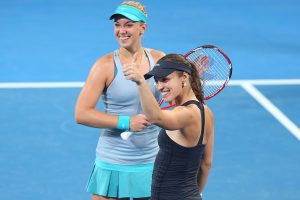 BRISBANE, AUSTRALIA - JANUARY 10:  Martina Hingis and Sabine Lisicki celebrates winning the Womens doubles final against Caroline Garcia and Katarina Srebotnik during day seven of the 2015 Brisbane International at Pat Rafter Arena on January 10, 2015 in Brisbane, Australia.  (Photo by Chris Hyde/Getty Images)