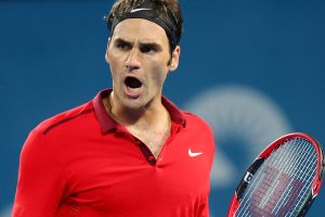 BRISBANE, AUSTRALIA - JANUARY 11:  Roger Federer of Switzerland celebrates a point in the Mens final match against Milos Raonic of Canada during day eight of the 2015 Brisbane International at Pat Rafter Arena on January 11, 2015 in Brisbane, Australia.  (Photo by Chris Hyde/Getty Images)