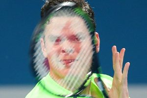 BRISBANE, AUSTRALIA - JANUARY 11:  Milos Raonic of Canada plays a forehand in the Mens final match against Roger Federer of Switzerland during day eight of the 2015 Brisbane International at Pat Rafter Arena on January 11, 2015 in Brisbane, Australia.  (Photo by Chris Hyde/Getty Images)