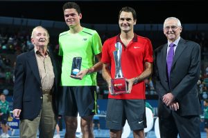 BRISBANE, AUSTRALIA - JANUARY 11:  Rod Laver, Milos Raonic, Roger Federer and Roy Emerson pose after the Mens final on day eight of the 2015 Brisbane International at Pat Rafter Arena on January 11, 2015 in Brisbane, Australia.  (Photo by Chris Hyde/Getty Images)