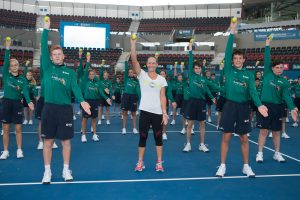 Sam Stosur and Suncorp ballkids

Tennis - Brisbane International 2015 - ATP 250 - WTA -  Queensland Tennis Centre - Brisbane - Queensland - Australia  - 2 January 2015. © Tennis Photo Network