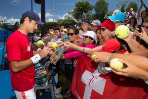 Roger Federer (SUI) Training Session With Suncorp Guests

Tennis - Brisbane International 2015 - ATP 250 - WTA -  Queensland Tennis Centre - Brisbane - Queensland - Australia  - 6 January 2015. © Tennis Photo Network
