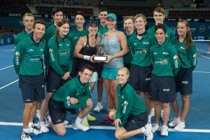 Trophy presentation with Sabine Lisicki, Martina Hingis and ballkids

 - Brisbane International 2015 - ATP 250 - WTA -  Queensland Tennis Centre - Brisbane - Queensland - Australia  - 10 January 2015. 
© Tennis Photo Network