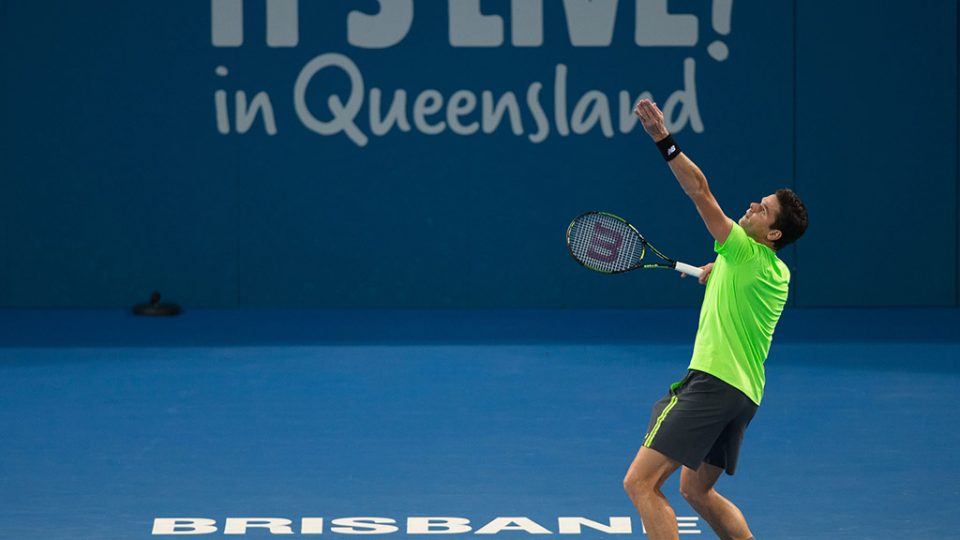 Canada's Milos Raonic serves during Brisbane International 2015