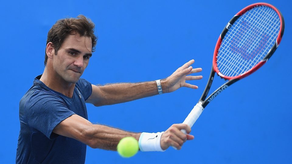 Roger Federer plays a backhand during  practice. Picture: GETTY IMAGES