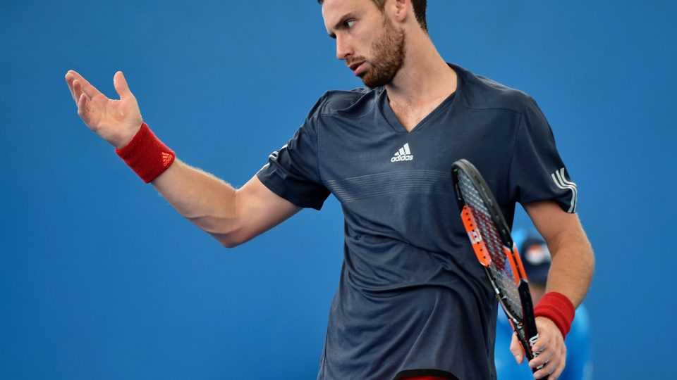 Ernests Gulbis of Latvia reacts after a point against Yoshihito Nishioka of Japan. Picture: GETTY IMAGES