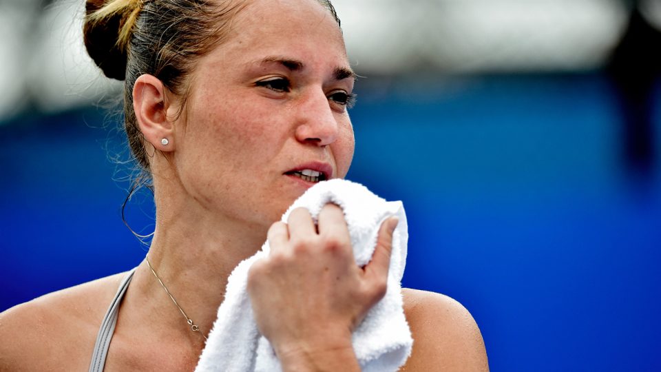 Ukraine's Kateryna Bondarenko takes a break while playing against Naomi Osaka of Japan in their first round women's match. Picture: GETTY IMAGES