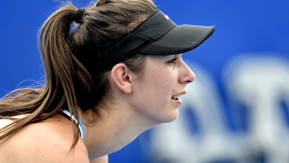 Oceane Dodin of France prepares for a point against Samantha Crawford of the US in their first round women's singles match at the Brisbane International. Picture: GETTY IMAGES