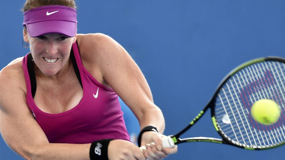 Madison Brengle of the US hits a backhand against Ukraine's Kateryna Bondarenko. Picture: GETTY IMAGES