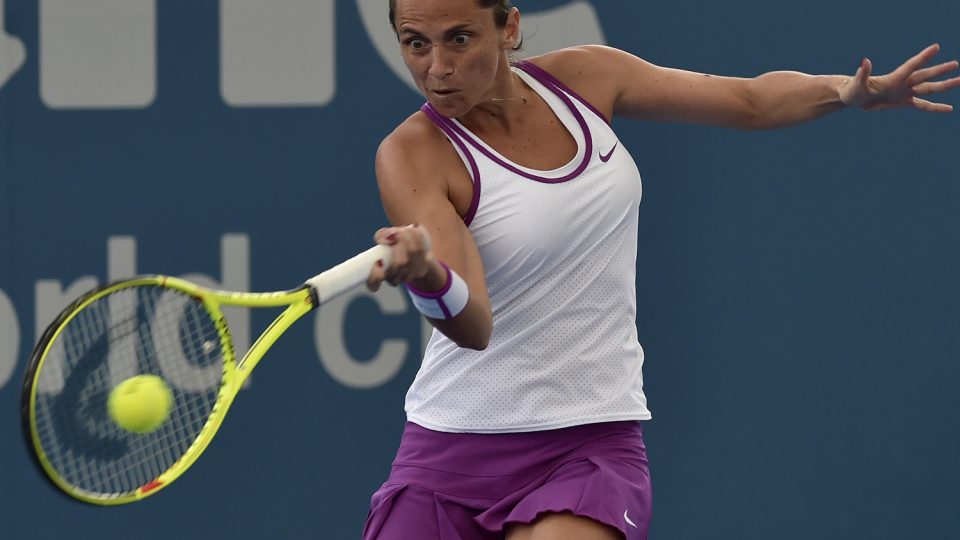 Roberta Vinci of Italy hits a return against Dominika Cibulkova of Slovakia. Picture: GETTY IMAGES