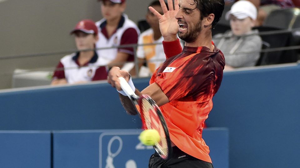 Thomaz Bellucci of Brazil  hits a forehand against Belgium's David Goffin. Picture: GETTY IMAGES