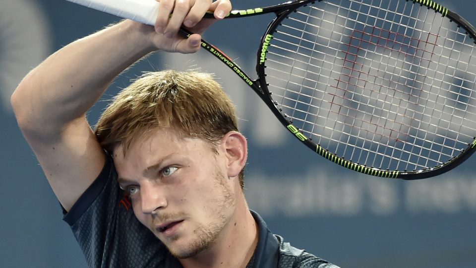 Belgium's David Goffin wipes his face as he serves against Thomaz Bellucci of Brazil. Picture: GETTY IMAGES