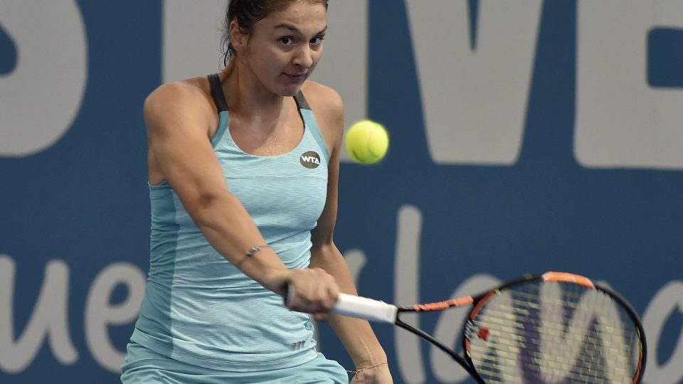 Russia's Margarita Gasparyan hits a return against Ekaterina Makarova. Picture: GETTY IMAGES