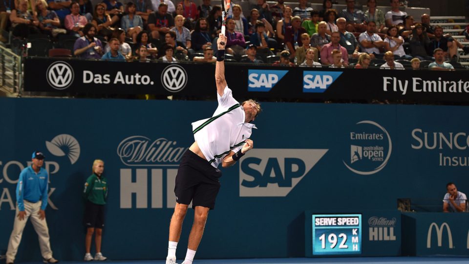 Nicolas Mahut of France serves against Australia's Bernard Tomic. Picture: GETTY IMAGES