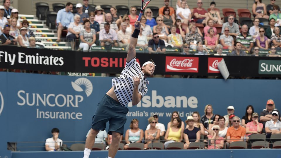 Denis Kudla of the US serves against Austria's Dominic Thiem. Picture: GETTY IMAGES