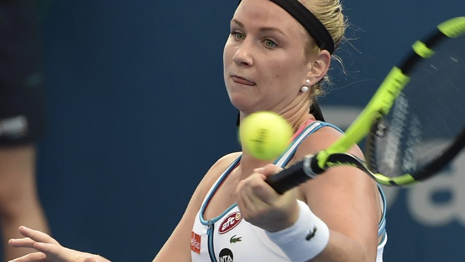 Ysaline Bonaventure of Belgium hits a return against Victoria Azarenka of Belarus. Picture: GETTY IMAGES