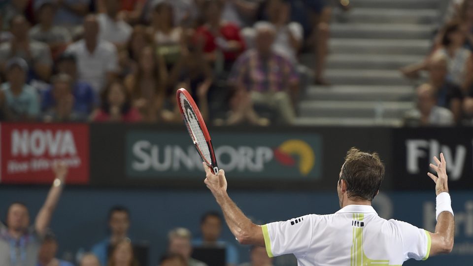 Radek Stepanek of the Czech Republic celebrates winning the second set against Australia's Bernard Tomic. Picture: GETTY IMAGES