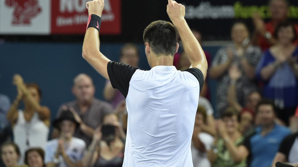 Australia's Bernard Tomic celebrates his victory against Radek Stepanek. Picture: GETTY IMAGES