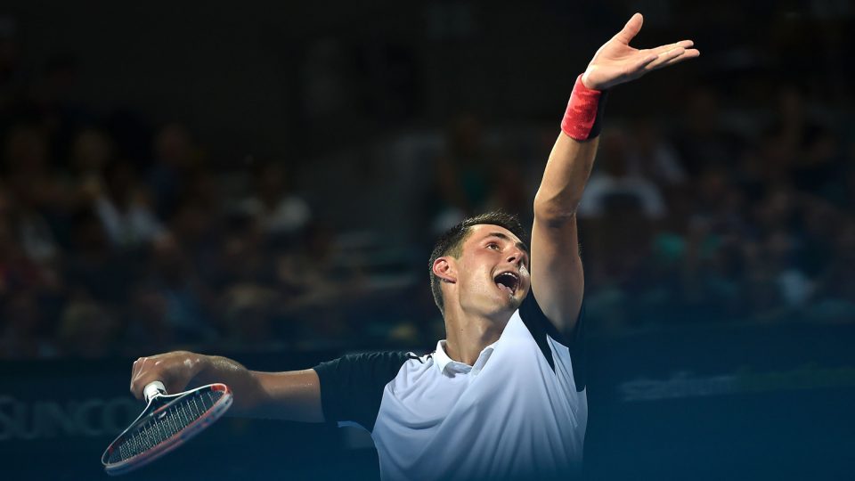 Australia's Bernard Tomic serves against Radek Stepanek of the Czech Republic. Picture: GETTY IMAGES