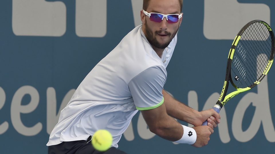 Serbia's Viktor Troicki lines up a backhand against Bulgaria's Grigor Dimitrov. Picture: GETTY IMAGES